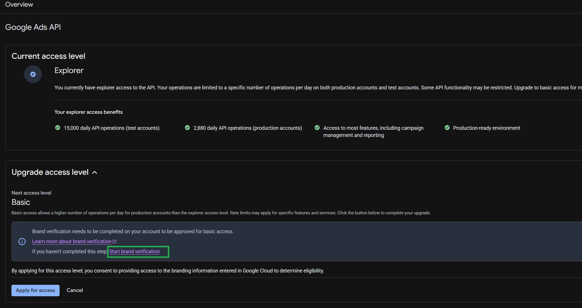 Sekcja Upgrade access level z przyciskiem Start brand verification